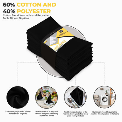Utopia Kitchen Cloth Napkins [12 Pack] 46x46cm, Cotton Blend Washable and Reusable Table Dinner Napkins for Hotel, Lunch, Restaurant, Weddings, Event and Parties (Black)