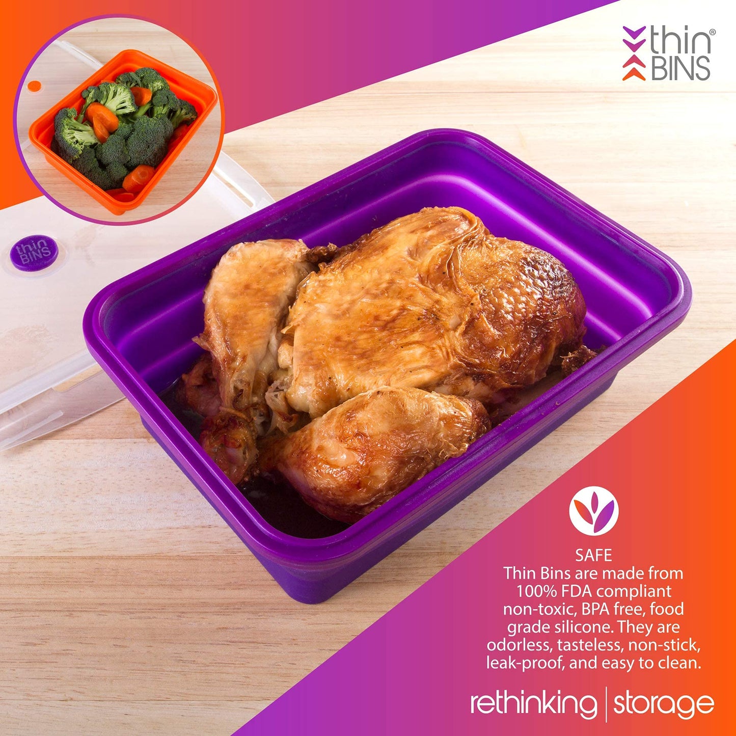 Thin Bins Collapsible Containers Set of 4 Round Silicone Food Storage Containers BPA Free, Microwave, Dishwasher and Freezer Safe - No more cluttered container cabinet! SC-149A