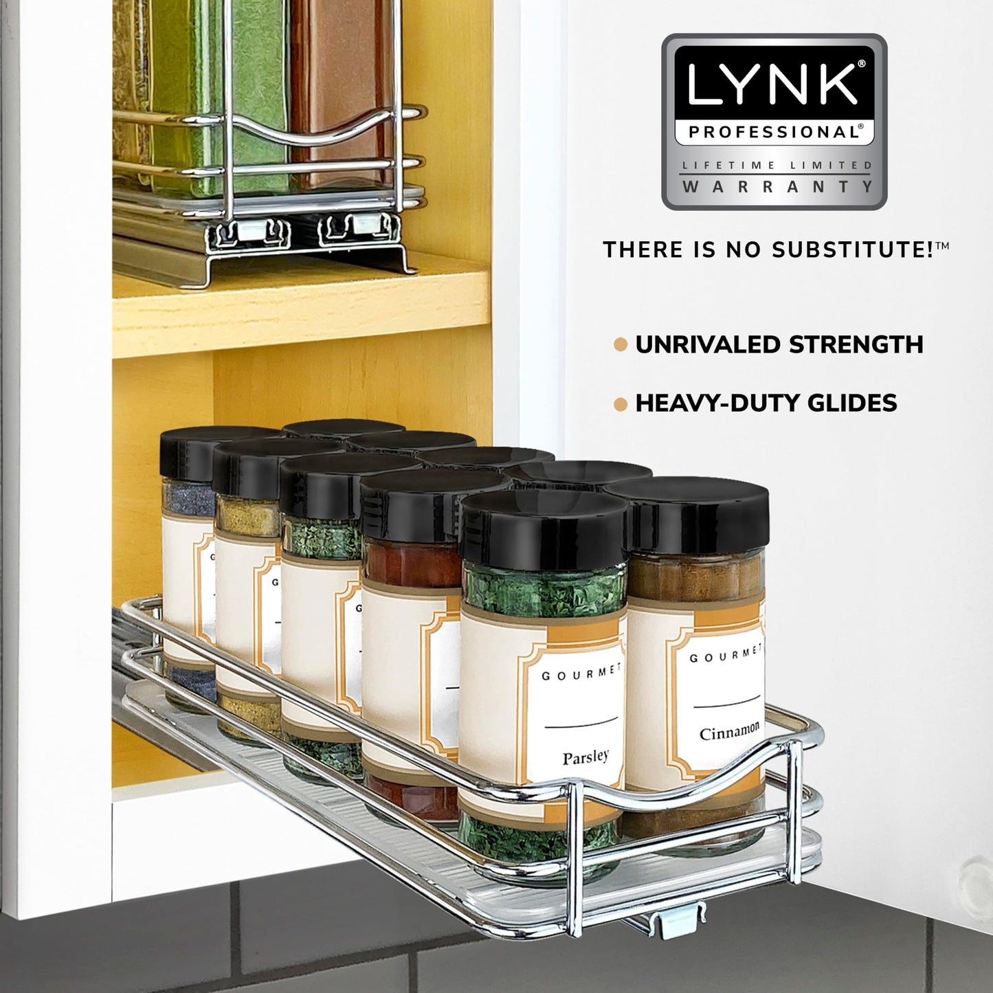 LYNK PROFESSIONAL® Pull Out Spice Rack Organizer for Inside Kitchen Cabinets - 4-1/4 inch Wide - Slide Out Drawer – Chrome Sliding Spice Cabinet Organization Shelf Racks - 2 Tier