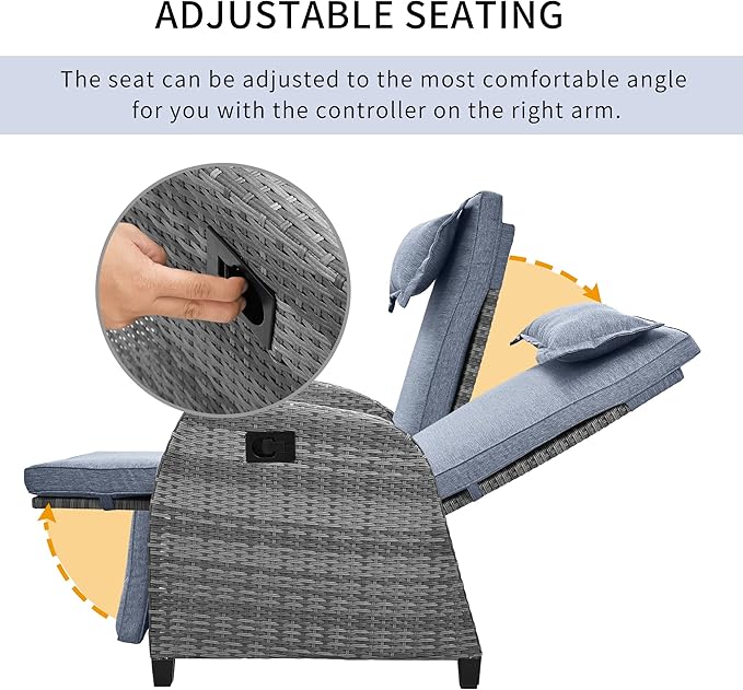 Outdoor Recliners Chair Set of 2 for Patio with Wicker Coffee Table, Comfort Cushion, Adjustable Angle Weatherproof Reclining Chairs for Courtyard, Swimming Pool, Balcony (Grey)