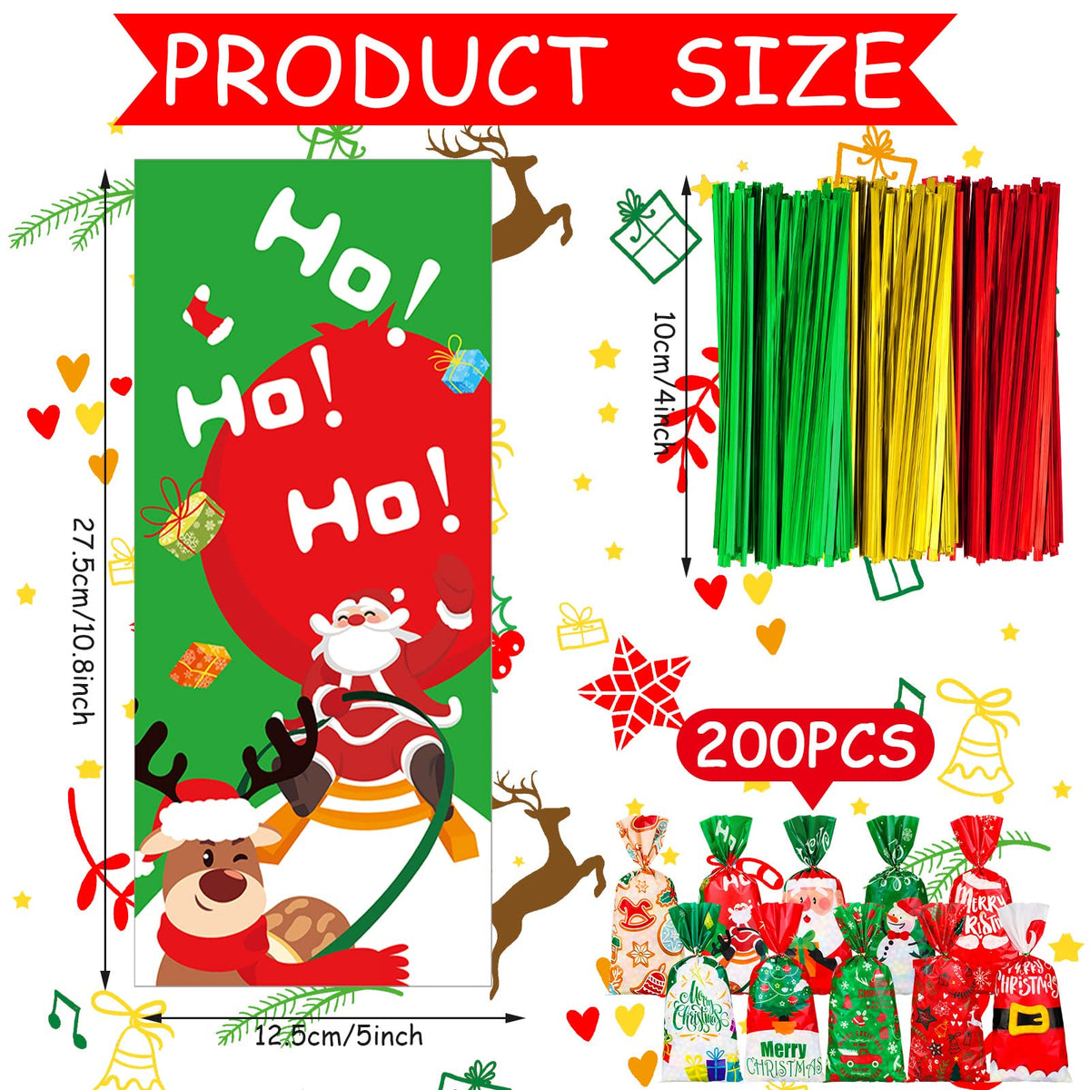 Spiareal 200 Pcs Christmas Cellophane Candy Goodie Bags Bulk Xmas Gift Treat Cookie Popcorn Bags Plastic Santa Claus Christmas Hat Snowman With 300 Ties Christmas Party Favor Supplies