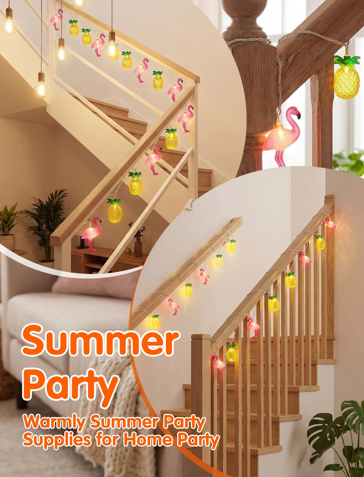 8.5FT Flamingo Pineapple Summer String Lights, Boho Tropical Tiki Summer Decorative String Lights with 10 LED Bulbs, Connectable Outdoor Indoor Decor for Hawaiian Luau, Pool Party, Patio, Beach