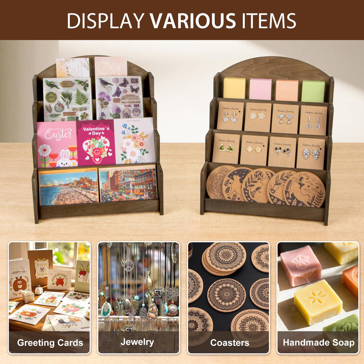 PUERSI Greeting Card Display Stand, Wooden 4-Tier Postcard Display Stand Holder for Sticker, Vendors, Retail Stores, Brown