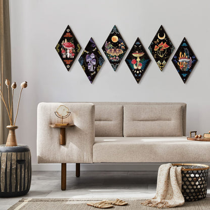 Sintuff 6 Pieces Gothic Wall Decor Boho Sun Moon Phases Wall Art Gothic Minimalist Stars Sun Hanging Wooden Home Decor Farmhouse Pediments for Gallery Living Bedroom Room(Mushroom)