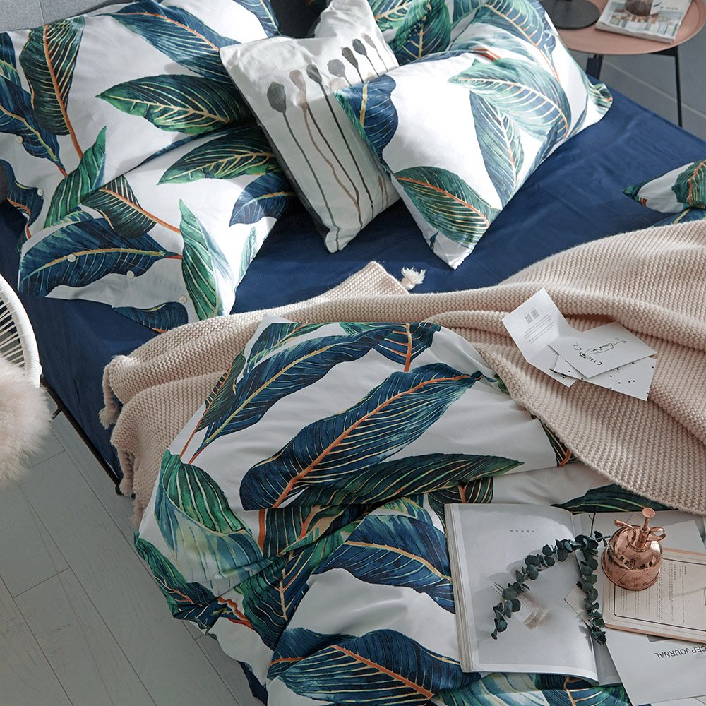 VM VOUGEMARKET Leaves Duvet Cover Set Queen,3 Piece Soft Premium Cotton Green Tropical Palm Tree Comforter Cover with Zipper Closure,Botanical Bedding Set Queen