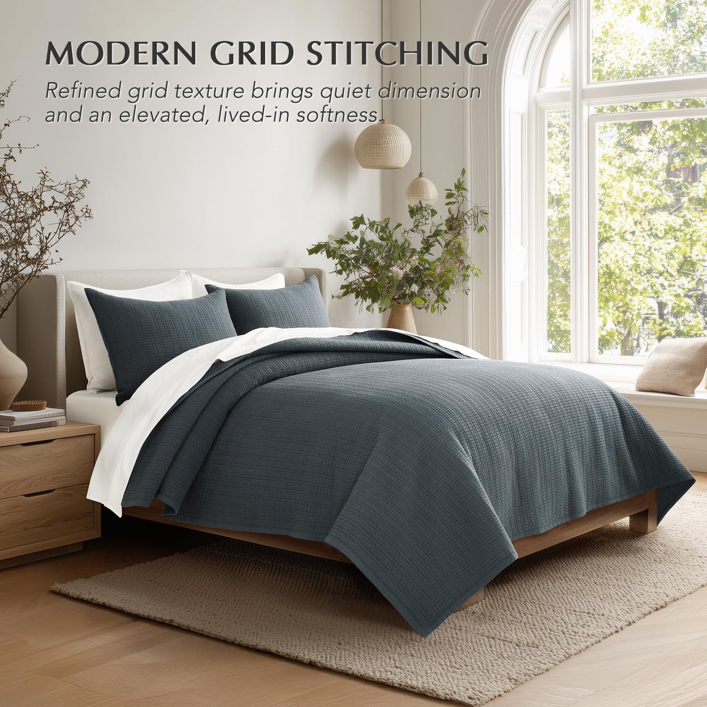 EverGrace 100% Cotton Quilt King Size, Pre-Washed Modern Grid Stitch Lightweight Bedspread Coverlet for All Season, Oversized 3-Piece Bedding Set with 2 Pillow Shams, Midnight Blue