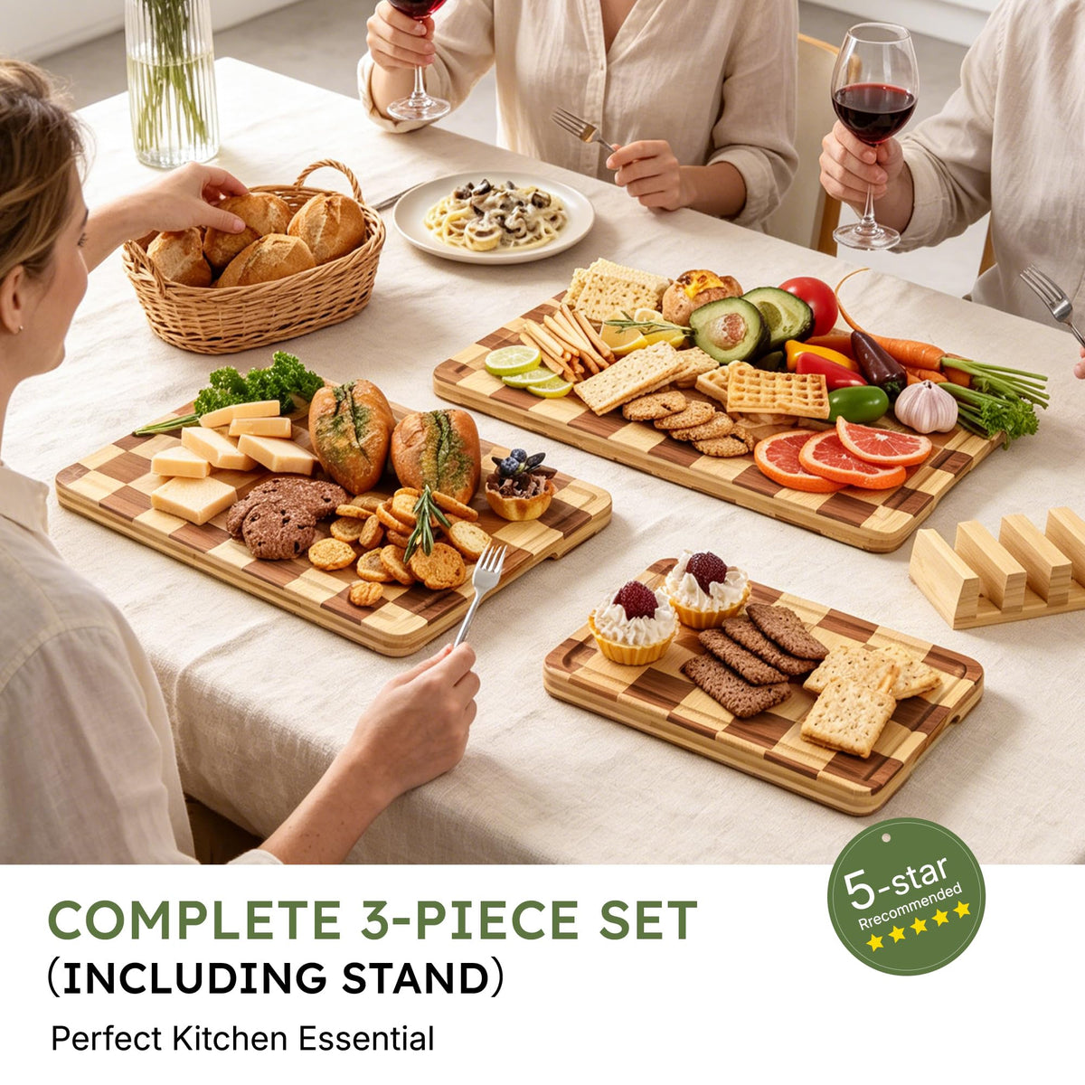 3 Pack Bamboo Cutting Board Set Checkered Wooden Cutting Board for Kitchen Non Toxic Charcuterie Board Serving Non Slip End Grain Wood Chopping Board for Meat Fruit Cheese Kitchen Housewarming Gift