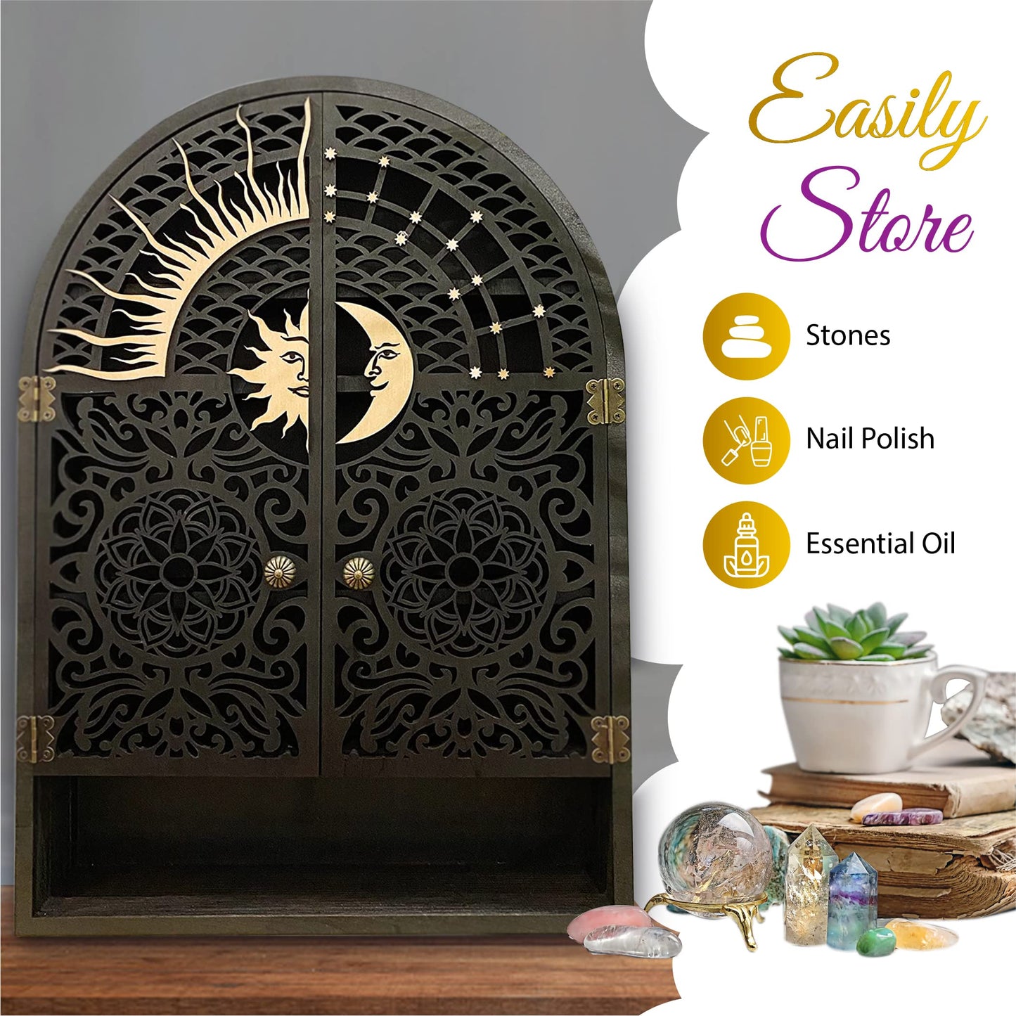 Ella & Emma Sun & Moon Wall Shelf – 5-Tier Hardwood Crystal Display Cabinet for Stones, Essential Oils, Nail Polish – Witchy/Boho Moon Phase Home Decor
