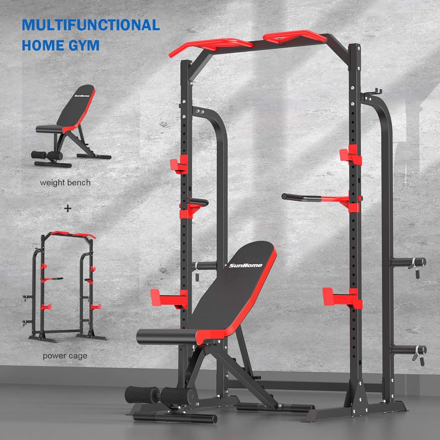 SunHome Power Cage Squat Rack, Multi-Functional Power Rack with Adjustable Cable Crossover System, J-Hooks, Dip Handles, Weight Plate Storage (S5 with Bench)