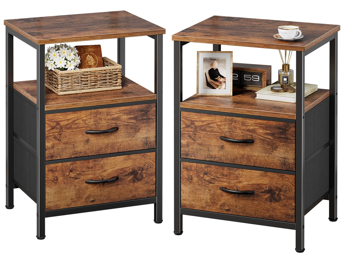 Huuger Night Stand Set 2, Nightstand with 2 Drawers, Bed Side Table with Open Shelf, Wooden Top, End Table, Fabric Drawer, for Bedroom, Rustic Brown