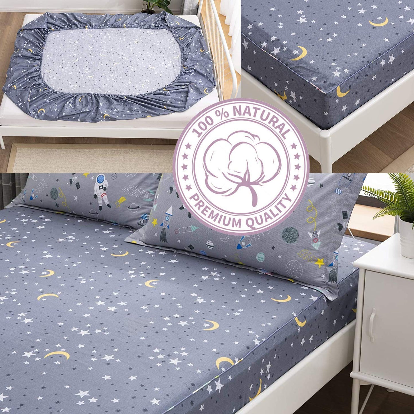 Brandream Kids Bedding Sets Full Size Astronaut Space Galaxy Boys Bed Sheet Set Deep Pockets Grey Bed Sheets Pillow Cases Set 100% Cotton 4-Piece