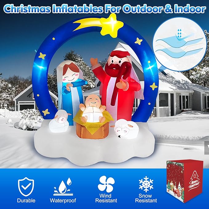 Danxilu 6FT Christmas Inflatables Nativity Scene Outdoor Decorations, Bright LED Lights The Birth of Jesus Scene with Star of Bethlehem Archway Blow up for Outside Yard Garden Lawn Xmas Holiday Decor