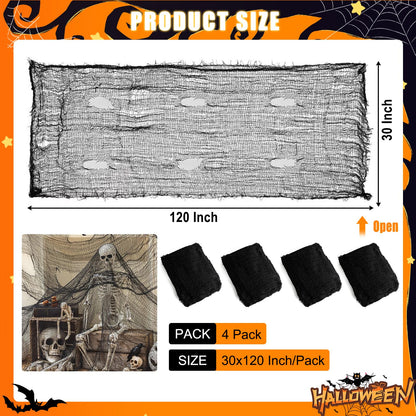 JOHOSEEK 4 Pack Halloween Creepy Cloth Decoration, 30 x 120 inch Black Gauze Halloween Decor, Scary Black Cheesecloth, Spooky Fabric Decoration for Haunted House Wall Yard Outdoor Indoor