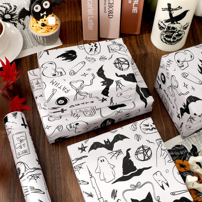 JarThenaAMCS Halloween Wrapping Paper - Mini Roll - 17 Inch x 32.8 Ft Black Cat Ghost Bat Gift Wrap Paper Single-Sided for Home Party DIY Crafts