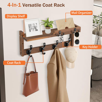 dreampossible Coat Rack Wall Mount with Shelf, Coat Hanger Wall Mount with Key Hooks and Mail Holder, Wood Entryway Floating Shelf with Hooks and Storage, Hat Rack for Wall Key Holder Mail Organizer