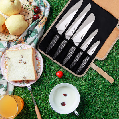hecef Vintage Style Kitchen Knife Sets,Scratch Resistant Camping Matte Knives with 5 Slots Recycled Oxford Cloth Knife Roll Bag & Covers,Stonewashed High Carbon Stainless Steel Blades & Hollow Handle