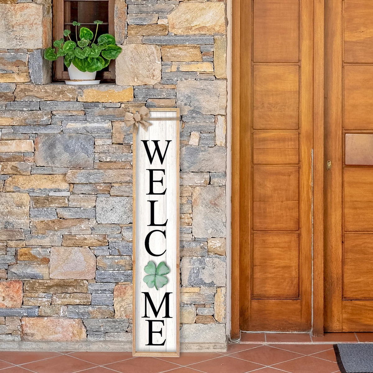 TQianJiang Interchangeable Welcome Sign for Front Porch Standing 45"X9" 12 Pcs Replaceable Signs Vertical Leaner Wood Framed Outdoor Decor (Wood White)