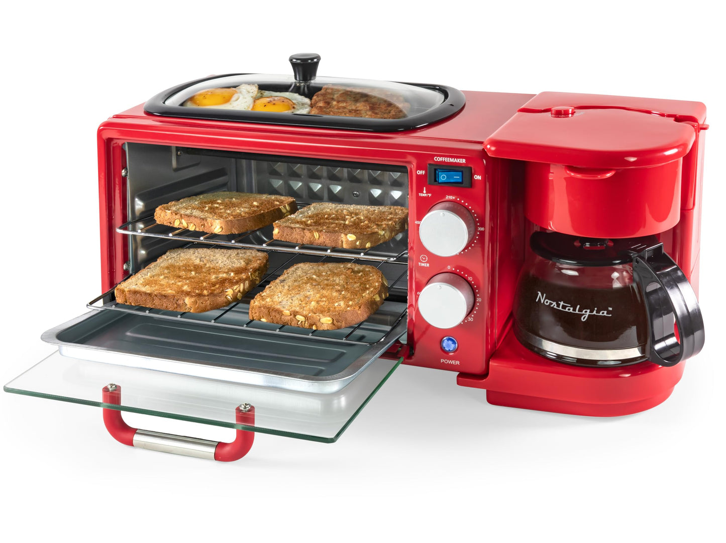 Nostalgia 3-in-1 Breakfast Station - Includes Coffee Maker, Non-Stick Griddle, and 4-Slice Toaster Oven - Versatile Breakfast Maker with Timer - Aqua
