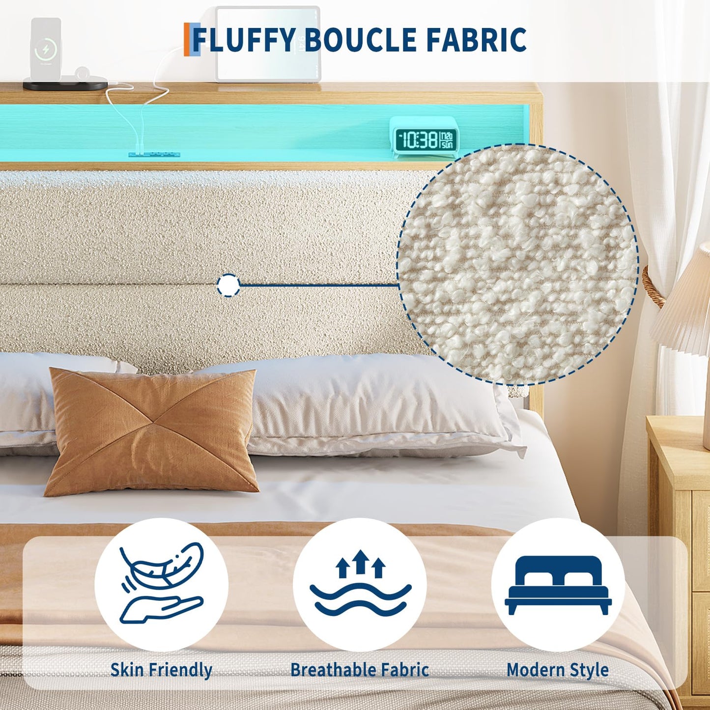 GAOMON Full Size Upholstered Platform Bed Frame with RGB LED Lights, Storage Headboard & Charging Station, Under Bed Storage, No Box Spring Needed, Cream