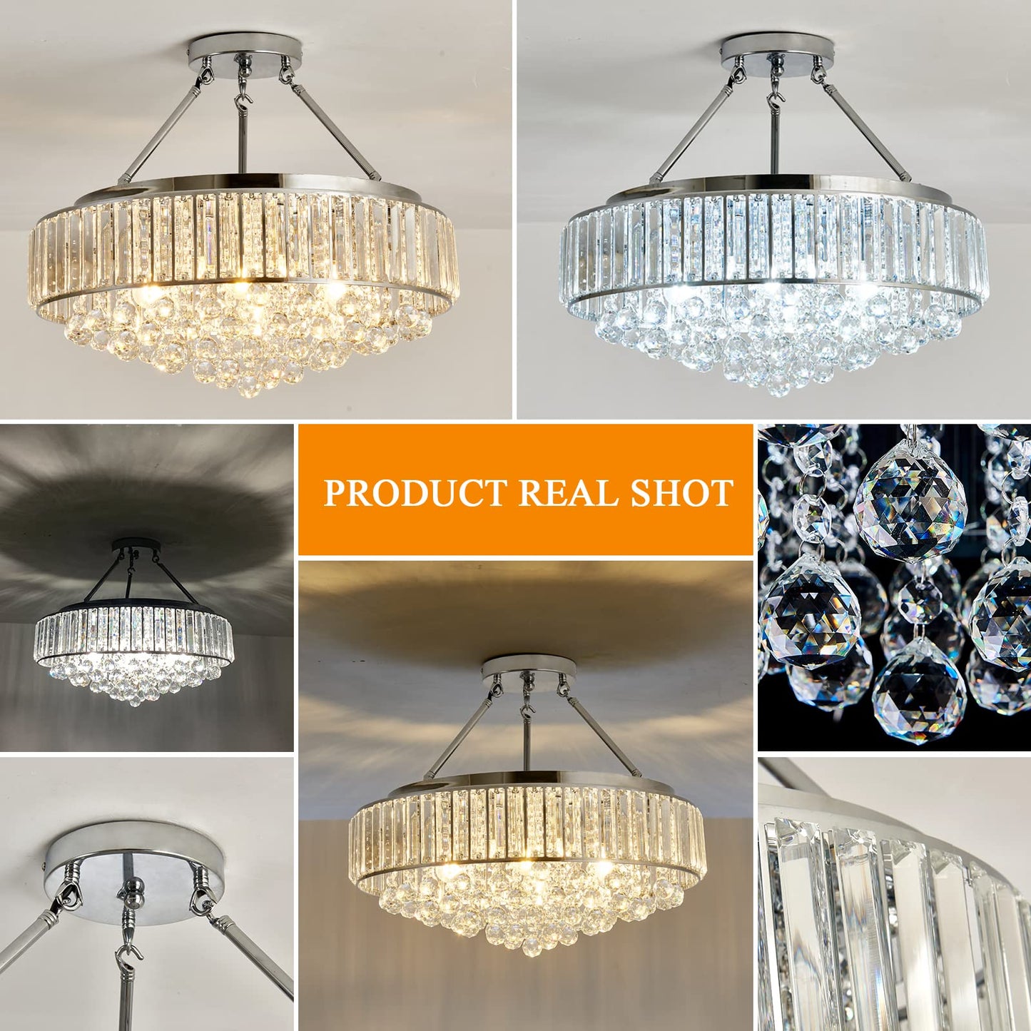 YYJLX 6 Light Modern Large Round Crystal Chandelier Chrome Semi Flush Mount Ceiling Light Fixtures E26 Ceiling Lamp for Dining Room Living Room Laundry Room Foyer Kitchen Balcony Bedroom(Silver).