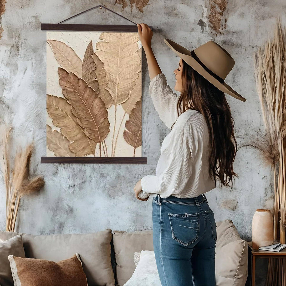2 Pack Magnetic Poster Hanger Frame, 20x28 20x30 20x26 Light Wood Wooden Magnet Canvas Artwork Print Dowel Poster Hangers Frames Hanging Kit (Walnut, 20", 2 Packs)