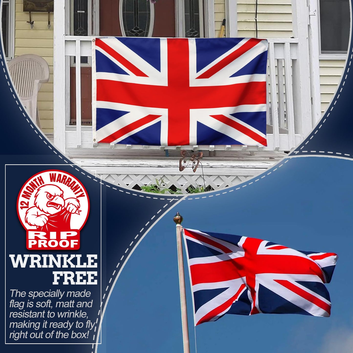 Anley Rip-Proof Technology Double Sided 3-Ply United Kingdom UK Flag 3x5 Foot - Vivid Color, Canvas Header and Wrinkle Resistant - The Strongest, Longest Lasting British National Flags 3 X 5 Ft