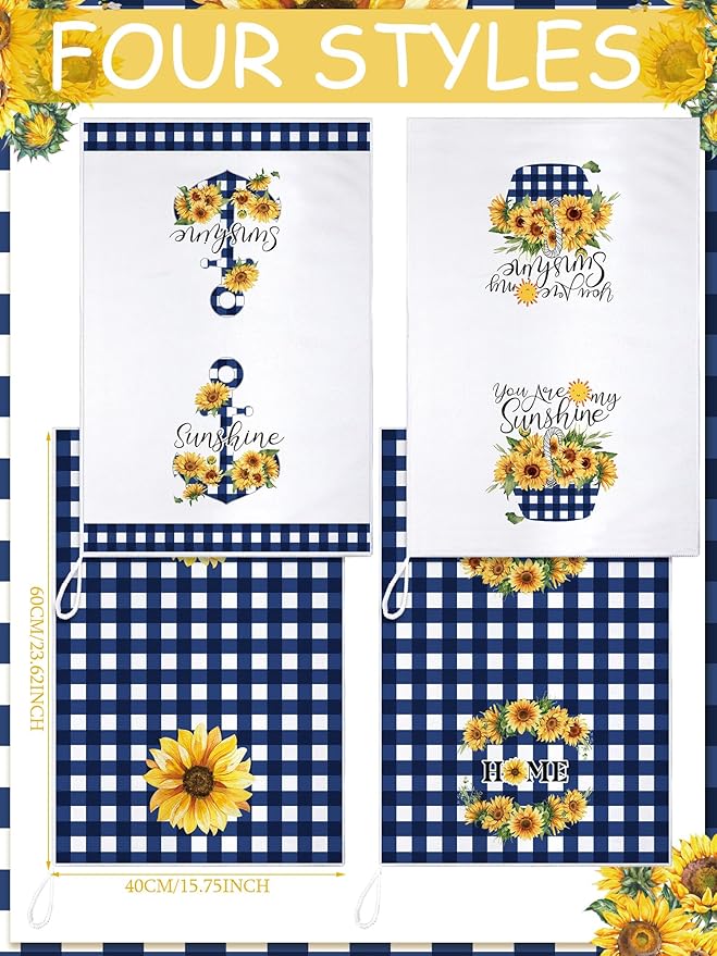 Bencailor 4 Pcs Sunflower Kitchen Towels Blue and White Floral Hand Dish Towels