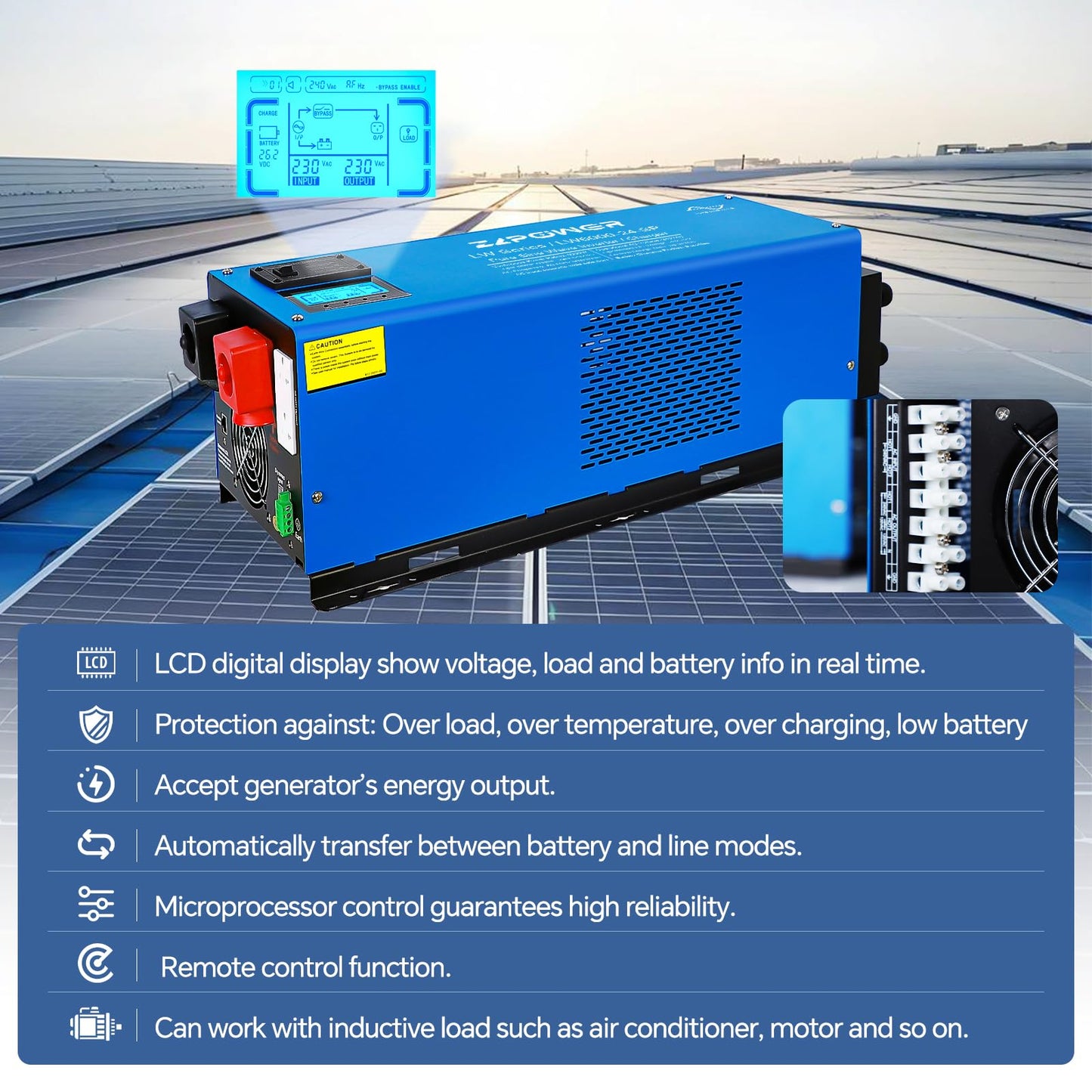 ZLPOWER 6000W 24V DC Pure Sine Wave Inverter, 18000W Peak, 240 AC Input,120V/240V AC Split Phase Output with Battery Charger, LCD Display, Off-Grid Low Frequency Inverter for Home RV Camping (6000W)
