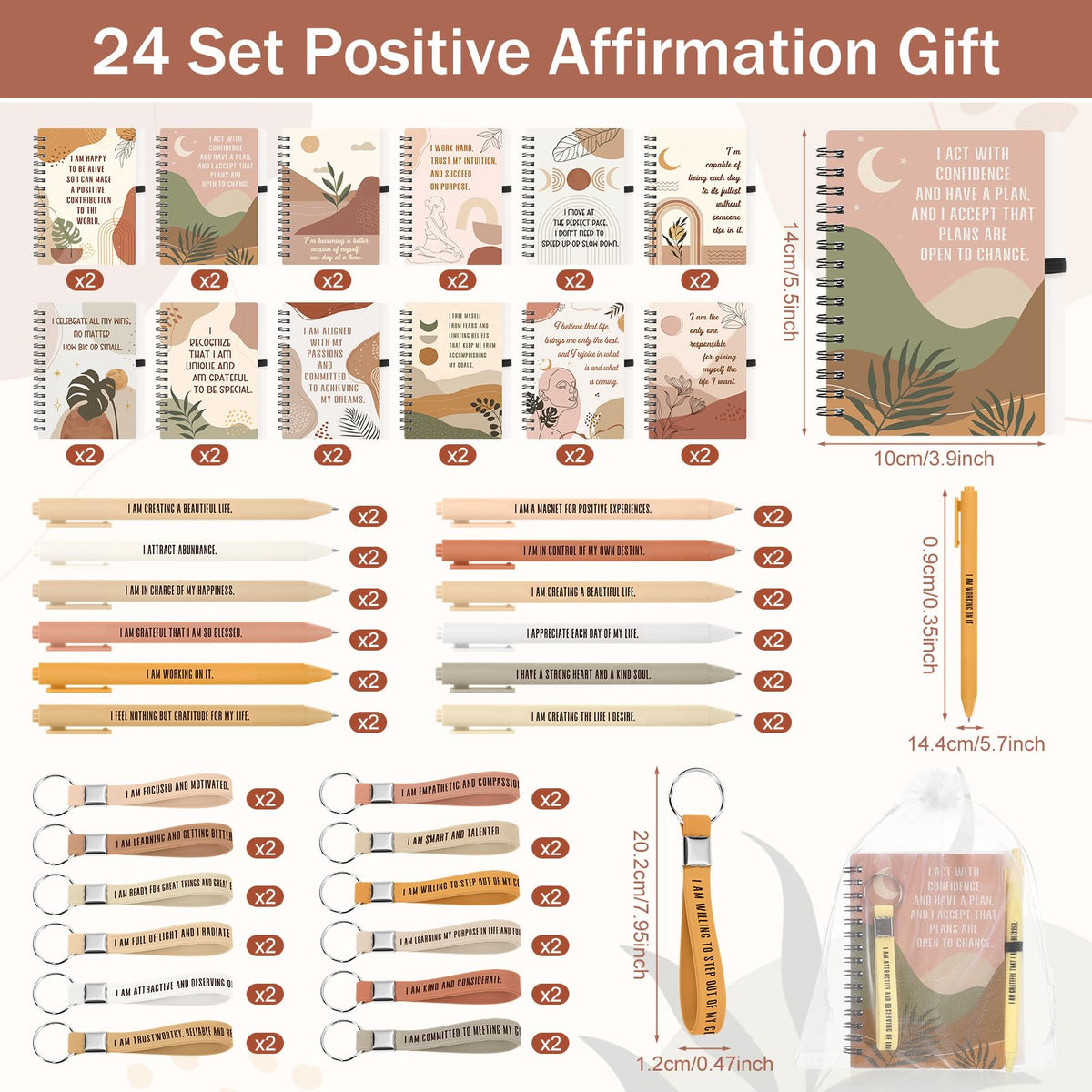Funrous 72 Pcs/24 Set Positive Motivational Gift Set for Women Bulk Gratitude Spiral Journals Notebooks Affirmation Pens Keychains for Teacher Appreciation Coworker Nurse Adult Party Favor (Boho)
