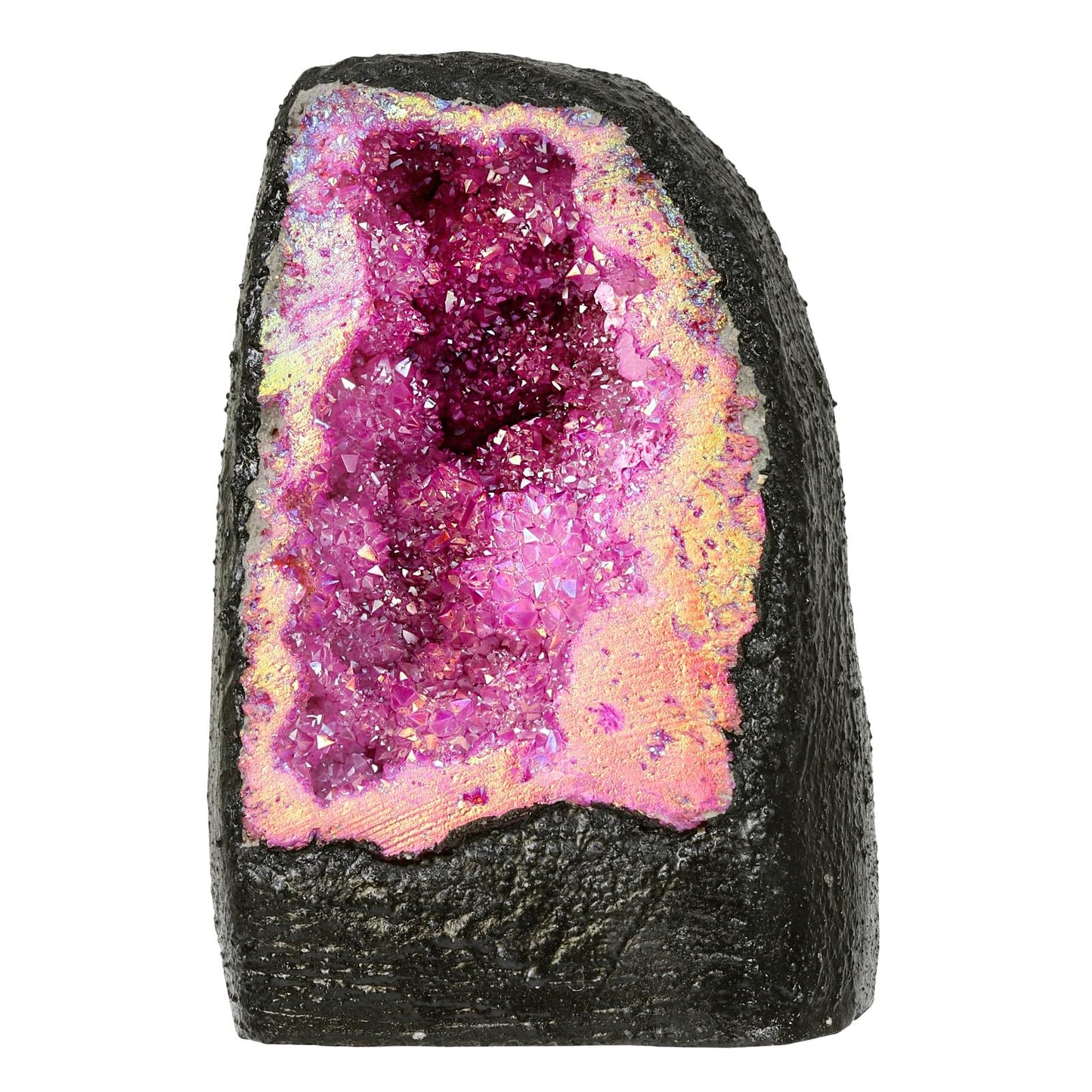 TUMBEELLUWA Irregular Titanium Coated Crystal Geode Stone Decor Natural Rainbow Rock Crystal Cluster Specimen for Home & Office, Fuchsia, Large
