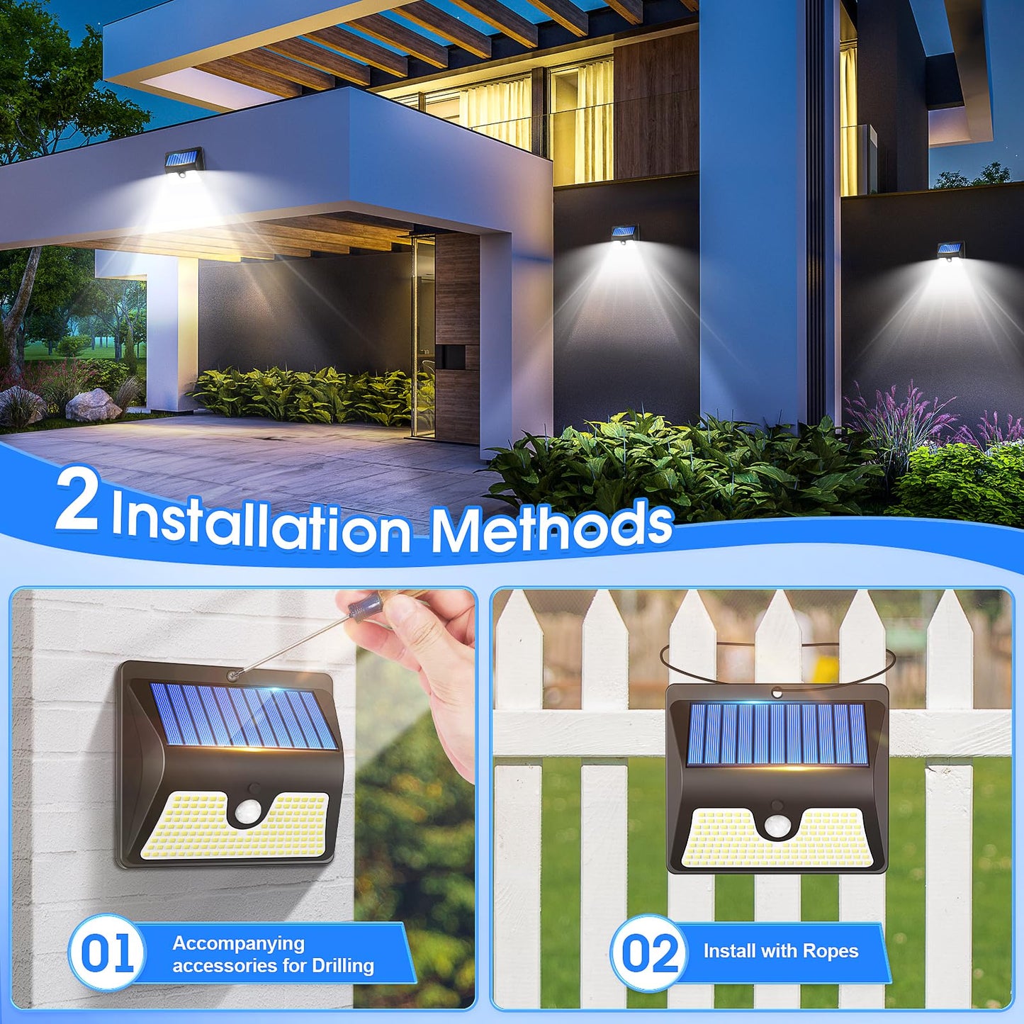 Security Lights Outdoor Motion Sensor - 150 LED Solar Powered Security Light Outside Garden Fence Waterproof Wall Lighting 3 Modes Solar Pir Lights Front Door Yard Garage