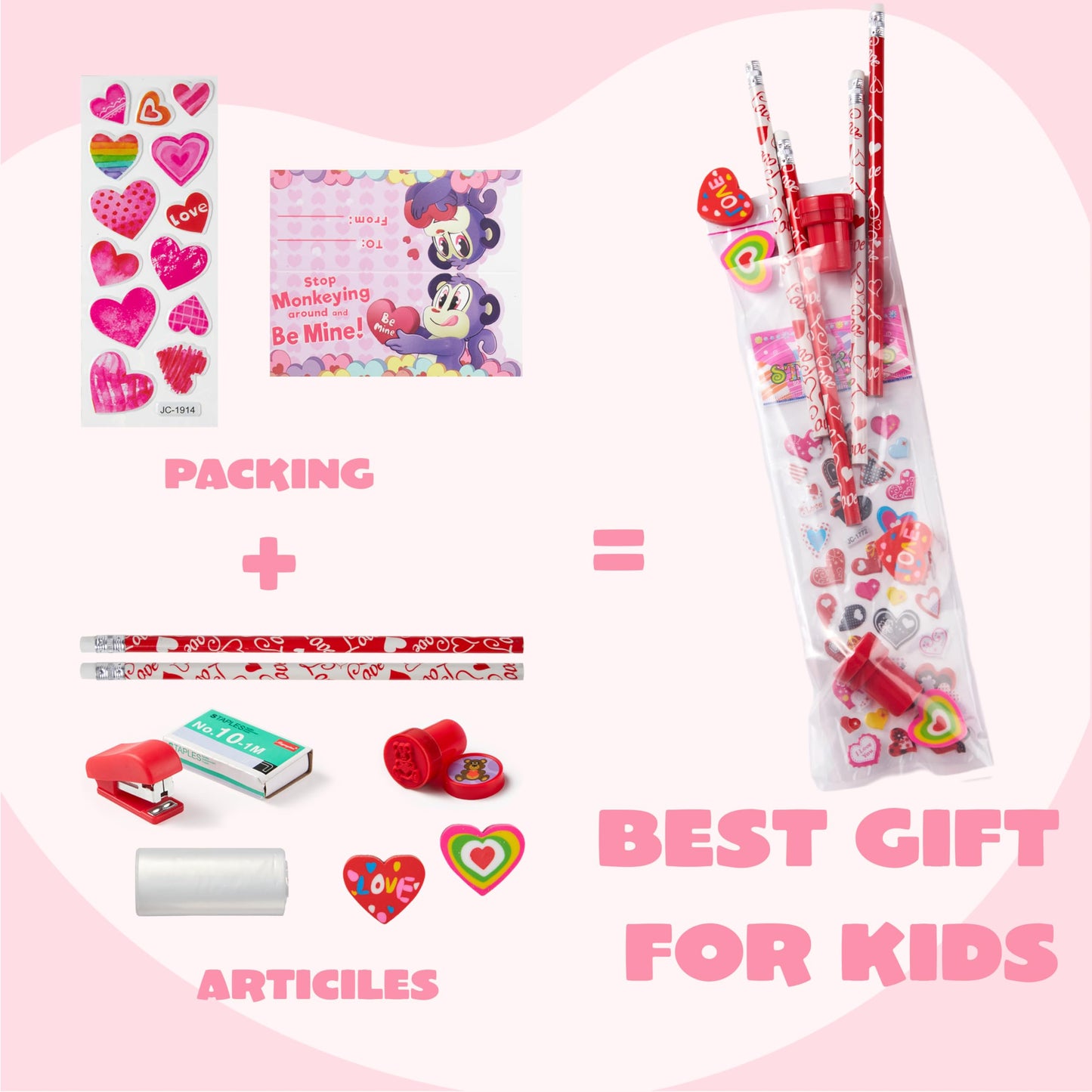 JOYIN 24packs Valentines Day Stationery Gifts, 96pcs Party Favor with Pencil, Erasers, Notebook & Bags for Kids School Classroom Exchange Supplies