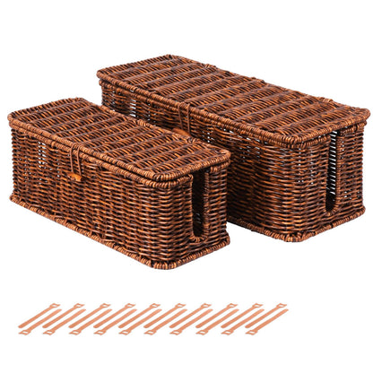 BROWNLILY Rattan Wire Storage Box, Handmade Cord Organizer for Desk Cord Hider Outlet Covers Baby Proofing for Power Strip TV PC Router Charger Under Desk Cable Management Box