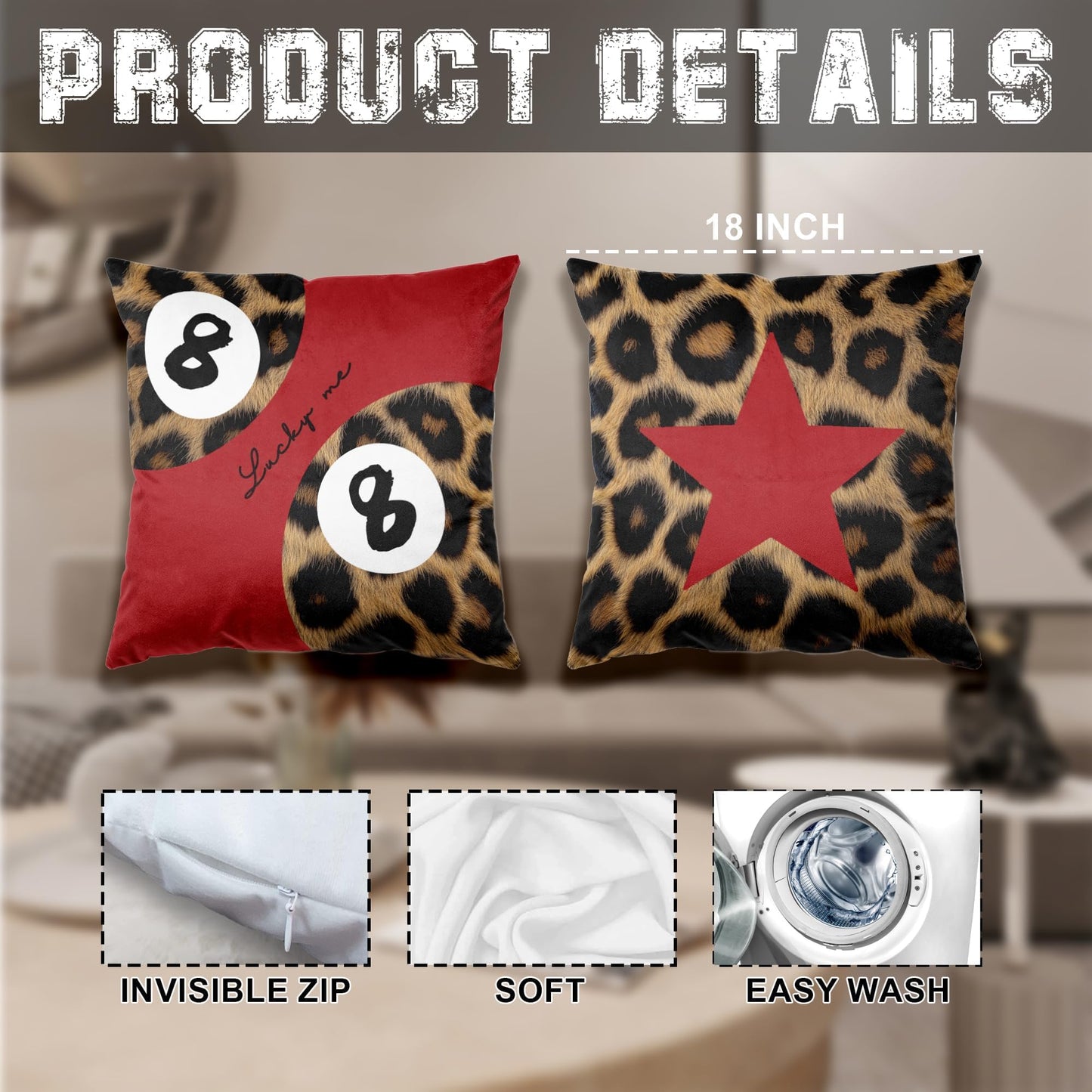 DEQSX Cheetah Leopard Lover Gifts for Women,Preppy Star Lucky 8 Ball Cheetah Leopard Print Room Decor Pillow Cover 18x18 Set of 2,Coquette Preppy Pillow Covers for Girls Room Dorm Apartment Decor（03）