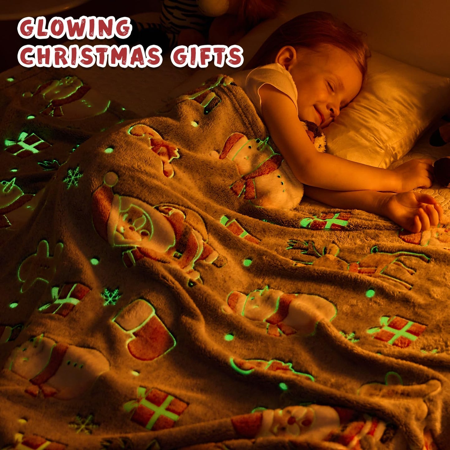 inhand Christmas Blanket,Glow in The Dark Blanket for Kids/Girls/Boys/Toddler Soft Flannel Red Santa Claus Gingerbread Candy Canes Christmas Throw Blankets for Age 3 4 5 6 7 8 9 10 11 12 13 Year Old