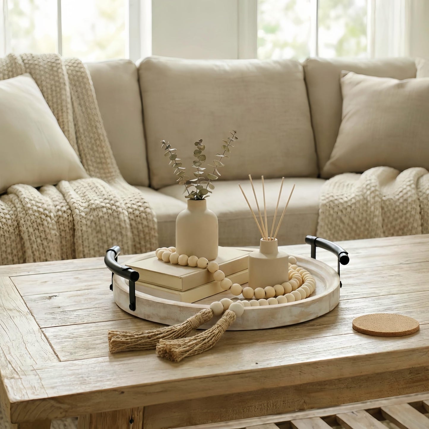 13" Round Decorative Wood Tray with Handles, Whitewashed Farmhouse Coffee Table Decor for Living Room, Entryway & Kitchen Island, Includes Bead Garland, Giftable Home Decor