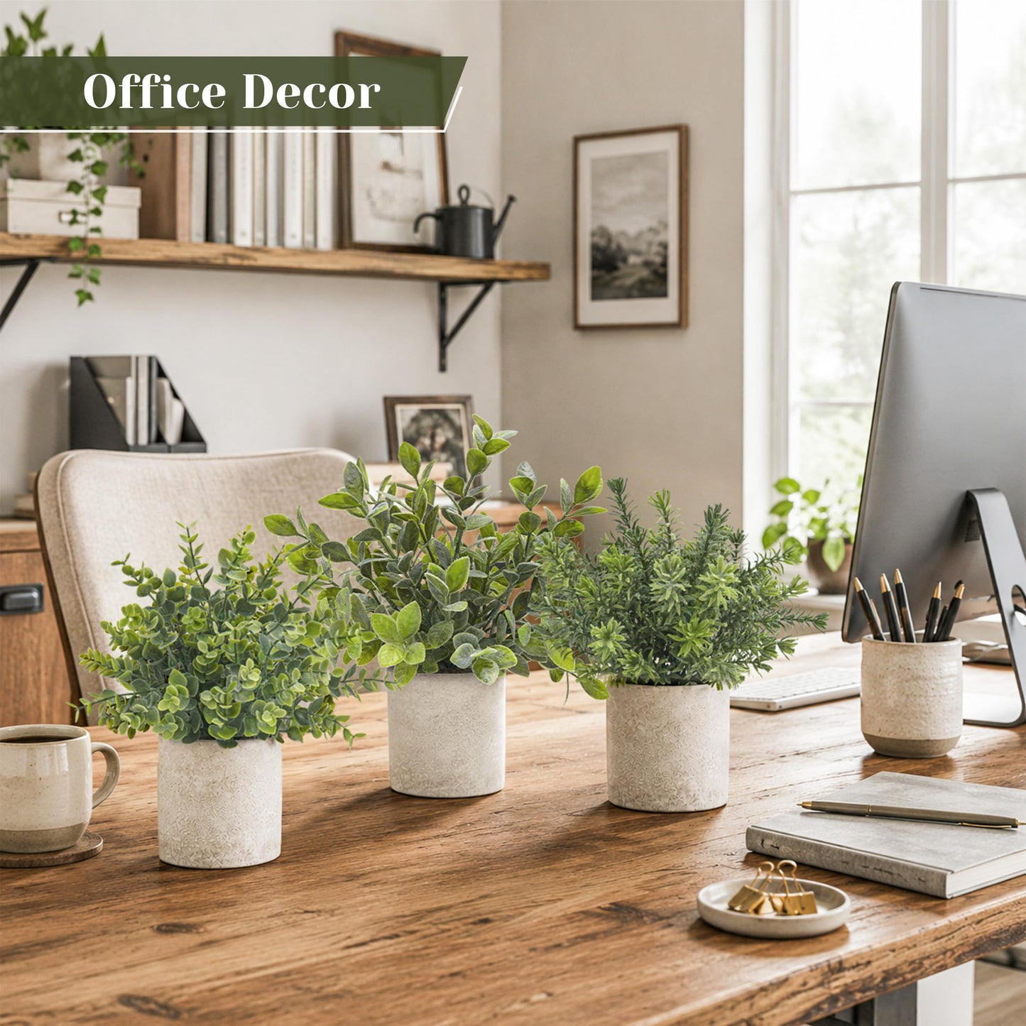 Der Rose 3 Pack Mini Potted Fake Plants Artificial Plastic Eucalyptus Plants Topiaries for Home Office Desk Farmhouse Shelf Room Bathroom Decor(Sage Green)