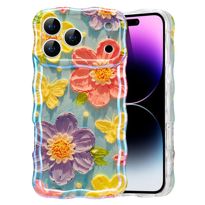 EYZUTAK Case for iPhone 17 Pro, Colorful Retro Oil Painting Flower Laser Glossy Pattern Cute Curly Wave Edge Exquisite Phone Cover Stylish Durable TPU Protective Case for Women - Butterfly Flower