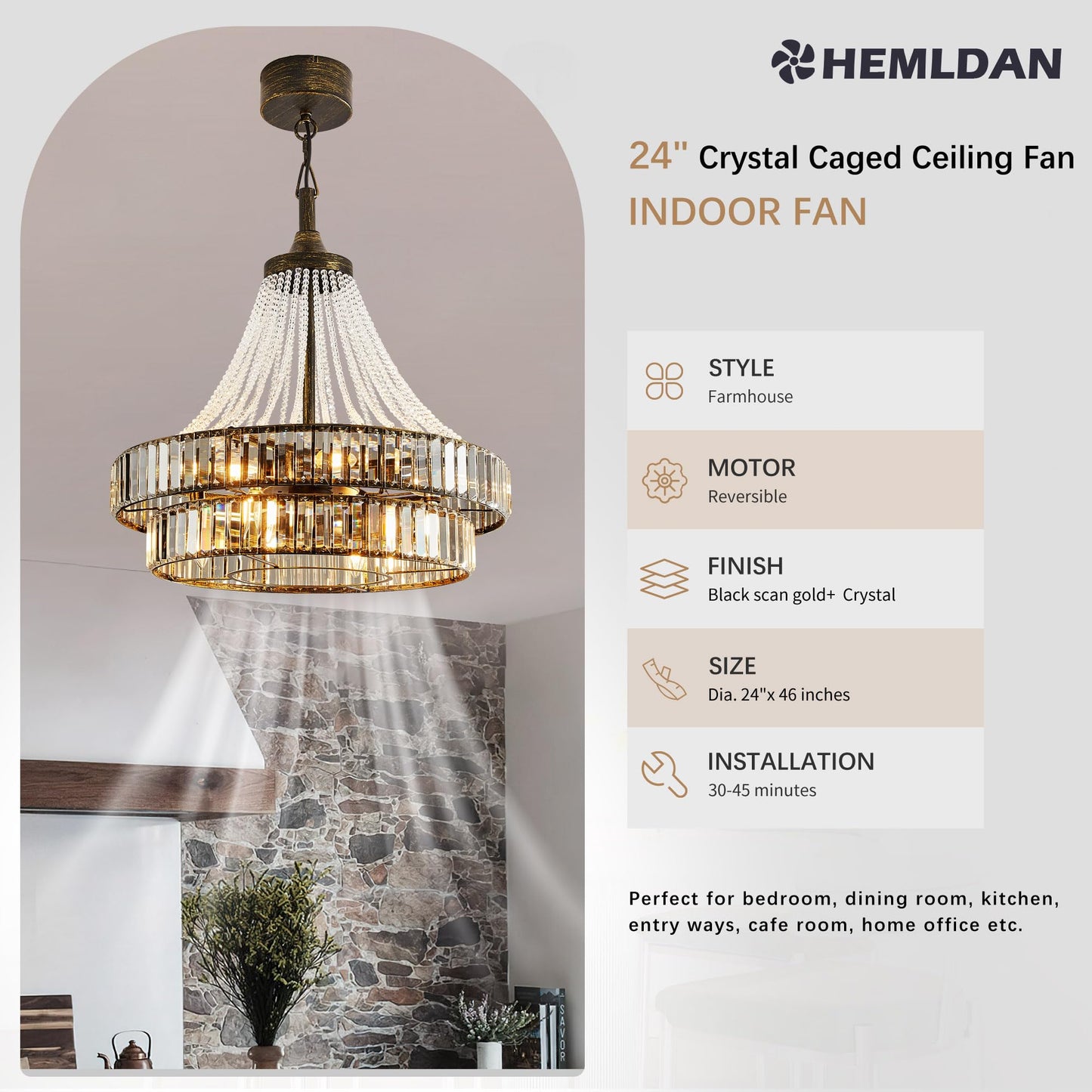 HEMLDAN 24" Modern Crystal Caged Fandelier, Smart Chandelier Fan with Remote and APP Control, Double Layer Ceiling Fan with Light for Dining Living Room Bedroom, Italian Design-Black Gold