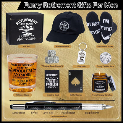 Ithmahco Retirement Gifts for Men 2026, Retirement Gift for Men, Funny Retired Gifts Includes Whiskey Glass Set Candles Hat Socks Pen Bottle Opener Keychain Dice for Dad, Coworker, Boss, Grandpa