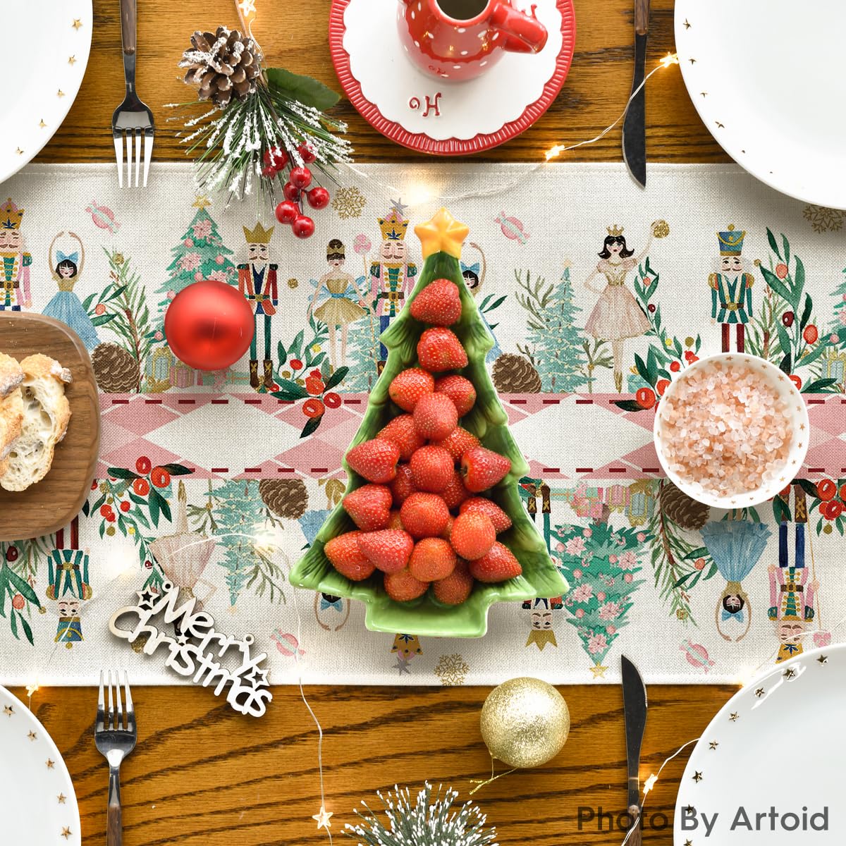 Artoid Mode Nutcracker Floral Holly Christmas Table Runner, Seasonal Winter Kitchen Dining Table Decoration for Home Party Decor 13x72 Inch