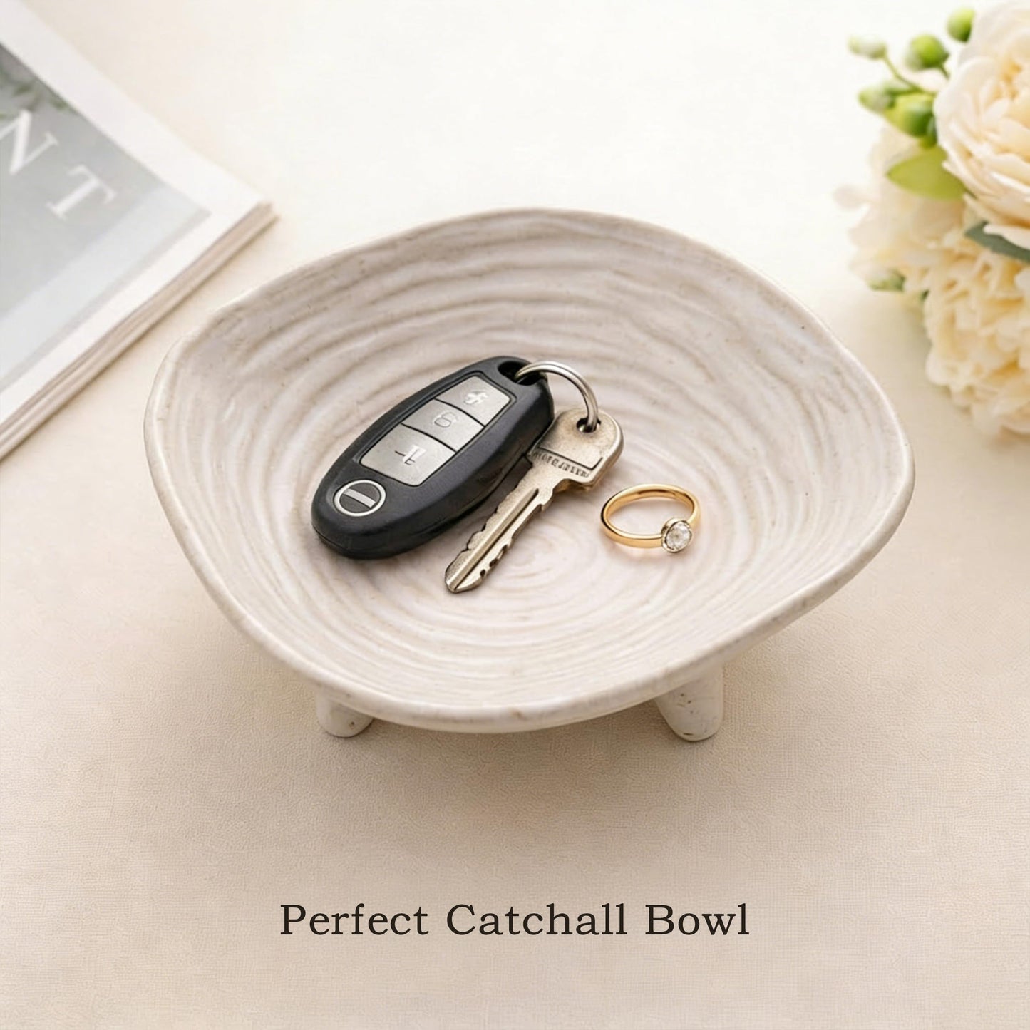 BSTUR Small Decorative Bowl, 6” Ceramic Key Bowl for Entryway Table, Multi-Purpose Decorative Bowls for Candy, Jewelry and Home Decor（Retro White）