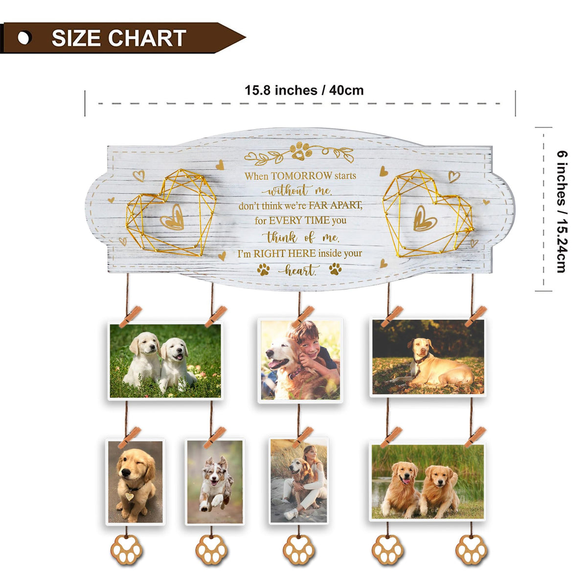 EXQUIDECA White Golden Memorial Picture Collage Board with Clips Twine and Paw Pendant - Bereavement Sympathy Grieving Gifts for Loss of Dog - House Wall decor for Dog Lover