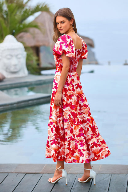 PRETTYGARDEN Women's Casual Summer Midi Dress Puffy Short Sleeve Square Neck Smocked Tiered Ruffle Dresses (Floral Red,Medium)