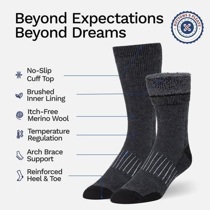 Buttons & Pleats Wool Socks for Men & Women Winter Warm Cozy Thermal Merino Boot Hiking Sock ML