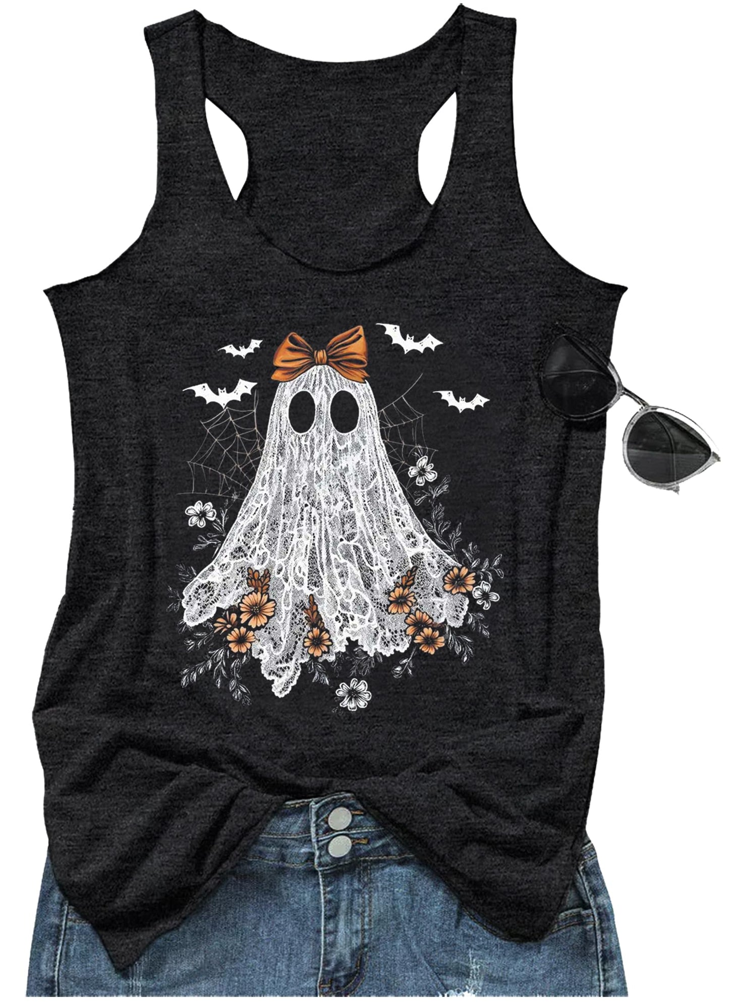 Spooky Season Shirts for Women Halloween Cute Graphic Tank Tops Ghost Tees Teen Girls Halloween Spooky Basic Outfit Tops(Spooky Grey,X-Large)