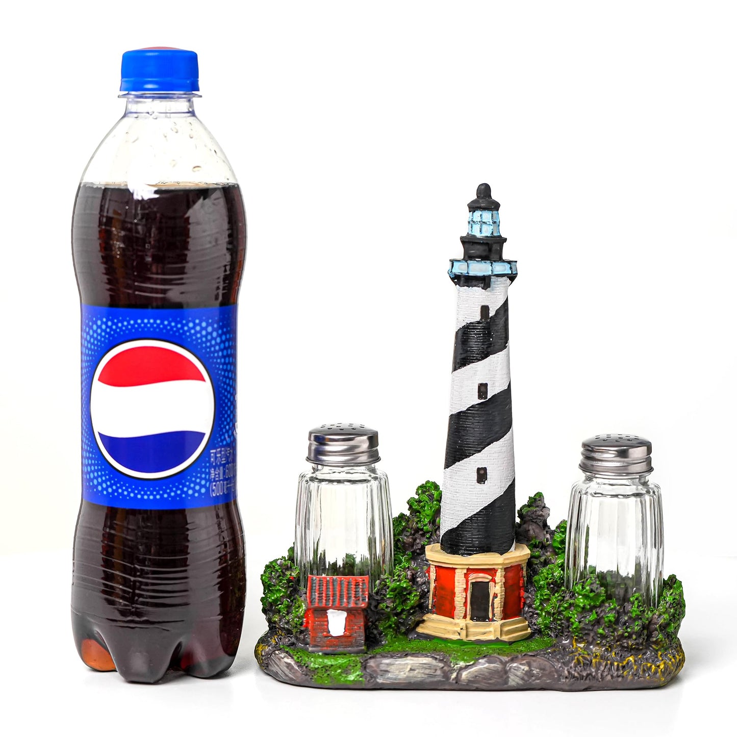 Coastal Lighthouse Salt and Pepper Shaker Set - Bodie Island Lighthouse Decor with Glass Seasoning Bottles, Nautical Kitchen Decor for Beach House, Coastal Themed Accessories and Table Centerpiece