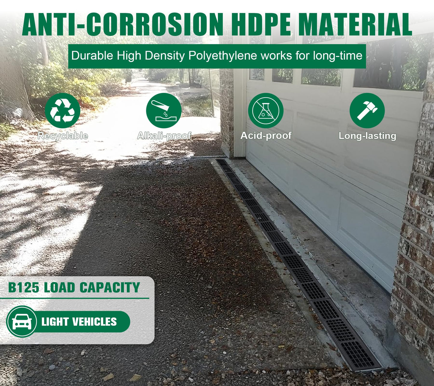 Natotela Driveway Channel Drain with HDPE Grate-39.4x6.1x5.5in Deep Profile Trench Drain System for Garage,3 Pack Total Length 118.11in,Heavy Duty Trench Drain for Parking Lot,Concrete