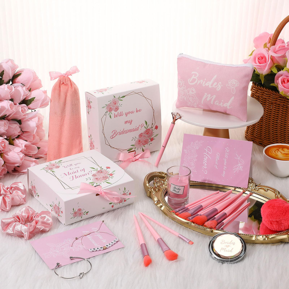Nuogo 88 Pcs 8 Sets Bridesmaid Proposal Gift Wedding Bridesmaid Box Set Maid of Honor Gift Include Box Candle Invited Cards Scrunchies Hair Elastics Ties Knotted Bracelets Diamond Pens(Pink,Fresh)
