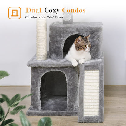PETEPELA Cat Tree 90cm Cat Tower with Double Condos, Removable Spacious Perch, Fully Wrapped Scratching Posts for Indoor Cats, Replaceable Dangling Balls, 35 Inches Grey